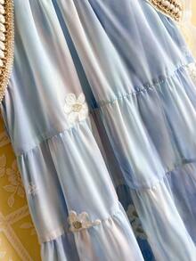 SHEIN Genkimix Kids 女童时尚渐变雪纺刺绣花边无袖露肩蓝色连衣裙，夏季 - 藍色 - 查看 4