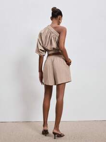 ATUI Studio 女士休闲纯色无袖露脐上衣和短裤两件套，夏季 - 駝色 - 查看 5