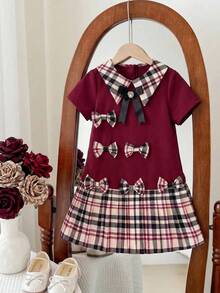 1pc Young Girl's Pleated Dress,Burgundy Summer Princess Plaid Patchwork Outfit With 3D Bow,7th Birthday Back-To-School Short Sleeve Casual Clothes - Burgundy - View 9