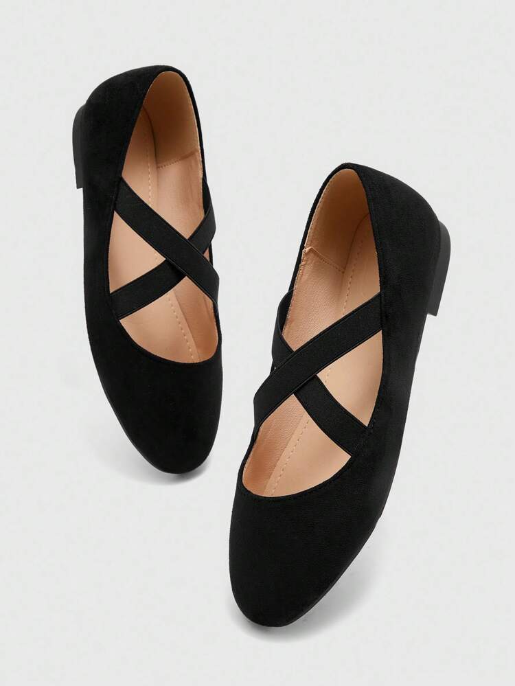 CUCCOO BIZCHIC Women Shoes Round Toe Flat Bottom Black Elastic Cross Strap Women's Flat Bottom Shoes Daily Commuting Comfortable Versatile Flat Bottom Women's Shoes Spring Shoes