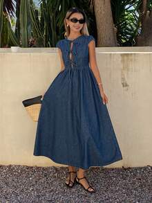 DAZY Women's Round Neck Tie Design Waist Cinched Long Casual Denim Dress, Vacation Style - Dark Wash - View 7