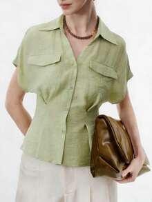 Aalyst Camisa casual de mujer para primavera/verano, cuello en V, cintura recogida, hombros caídos de manga corta, color verde claro, con bolsillos - verde menta - Ver 1