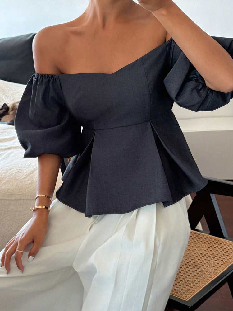 Women's Off Shoulder Short Sleeve Cinched Waist Vacation Style Blouse