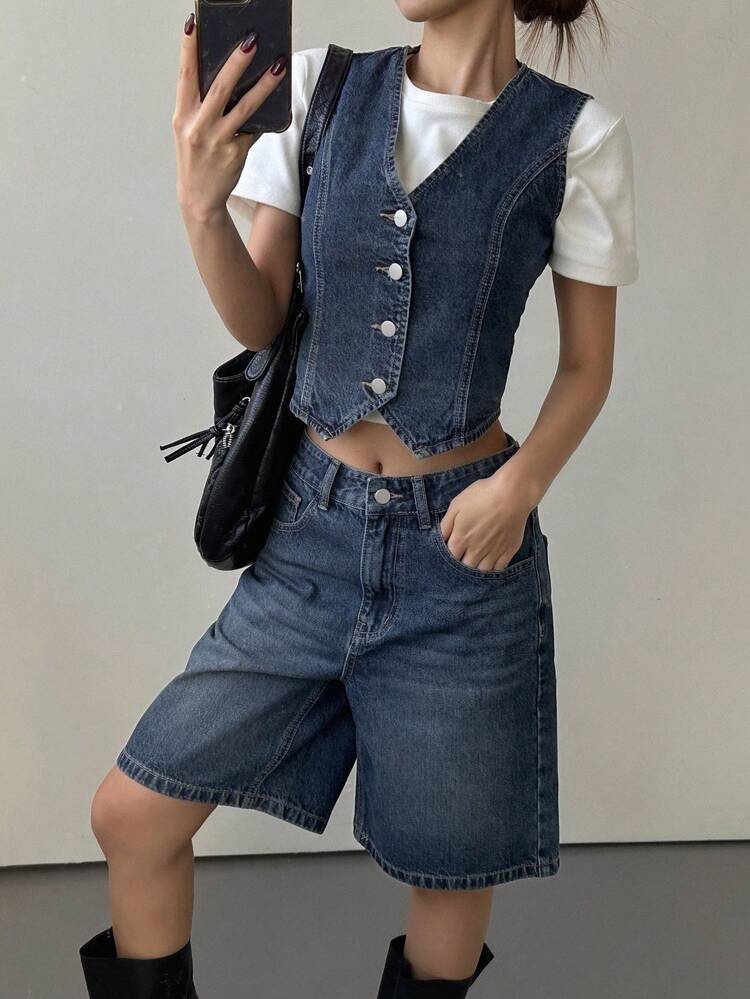Women's V-Neck Sleeveless Fitted Cardigan And Denim Shorts Casual Street Style Set