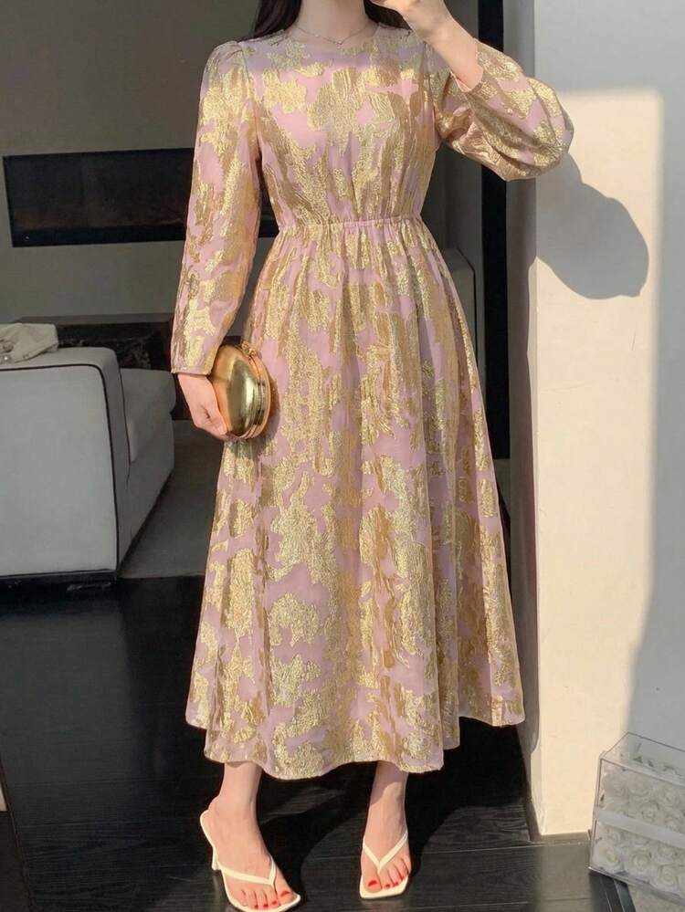 Women's Elegant Floral Print Round Neck Puff Sleeve Long Dress, Spring/Summer Wedding Guest Dress Maxi Dress Sundress