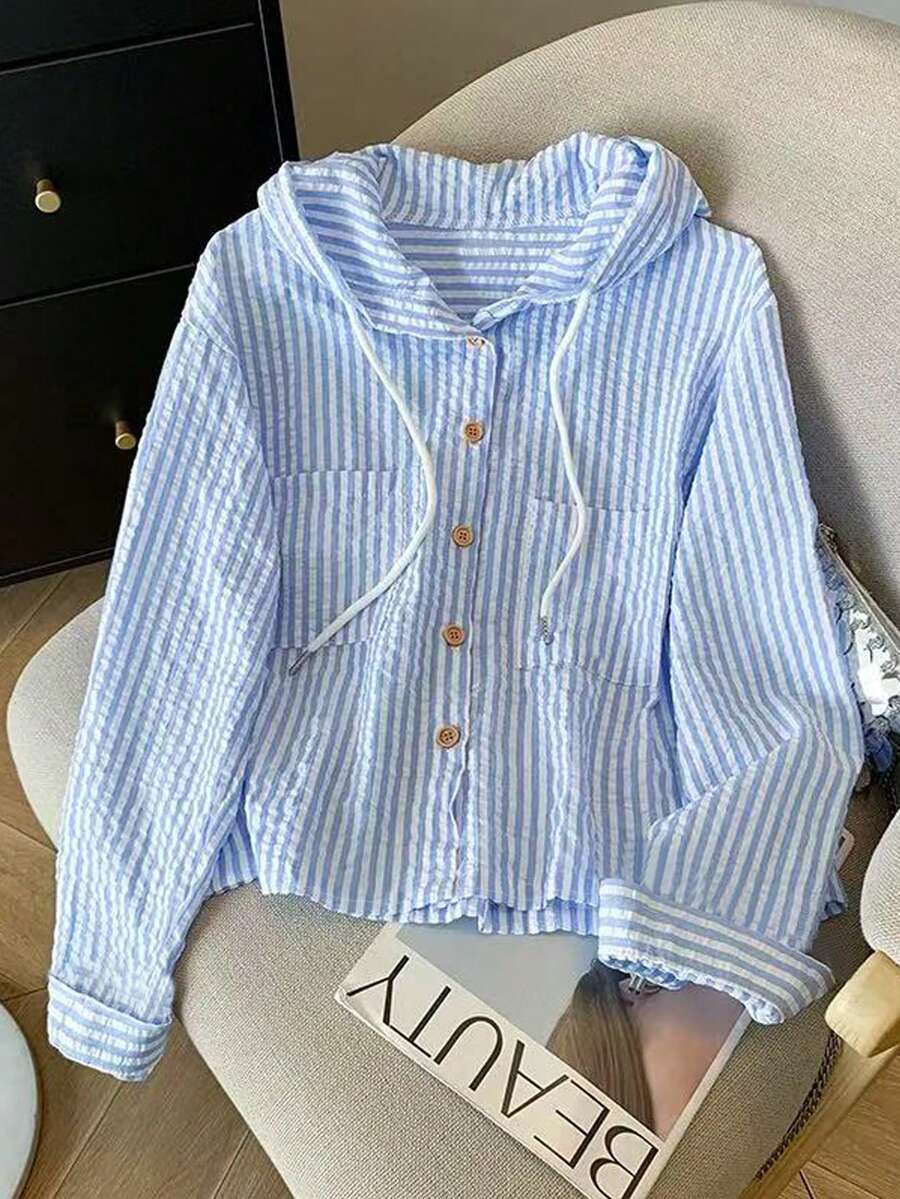 Resyla New Arrival Loose Fit Blue Striped Hooded Plus Size Sun Protection Shirt - Blue - View 1