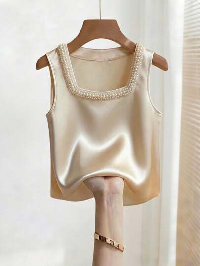 SHEIN Franclia Women's French-Style Elegant Knit Square Neck Sleeveless Vest In A Champagne-Colored Satin Satin With Faux Pearl Embellishments;Sequined Vest, Sparkly Top;Summer Vest, Summer Top, Summer;New Summer Women's Vest.Fashionable Casual Commuter Wear, Business Office Wear, Versatile And Stylish Everyday Casual Wear, Urban Teacher's Professional Attire