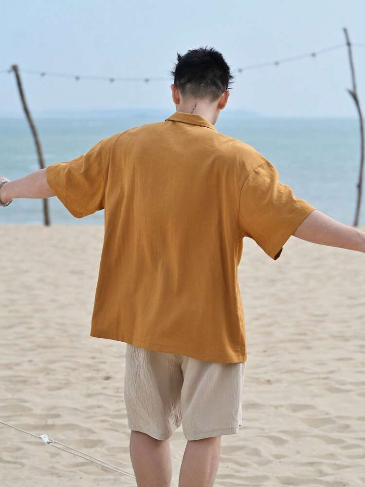 Brown Printed Short Sleeve Shirt For Men, Summer