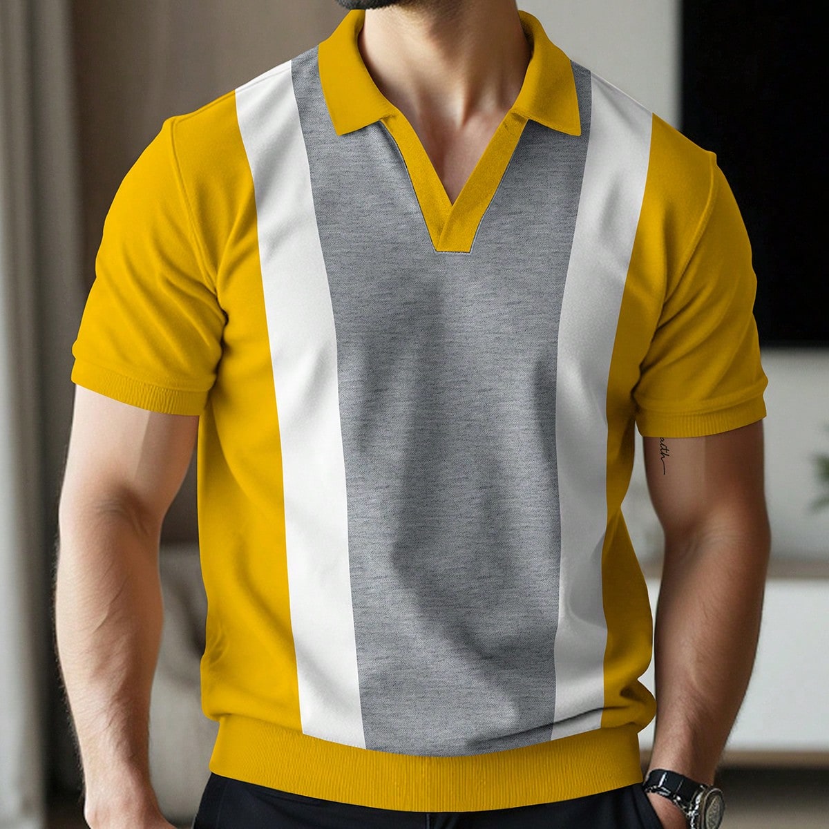 Camisa polo de manga corta casual y de contraste de color para hombres