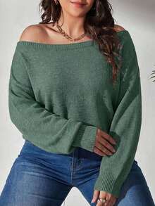SHEIN Cottnline Plus Solid Cold Shoulder Sweater Jumper Vacation Formal Sage Green Winter Casual Baggy - Mint Green - View 3
