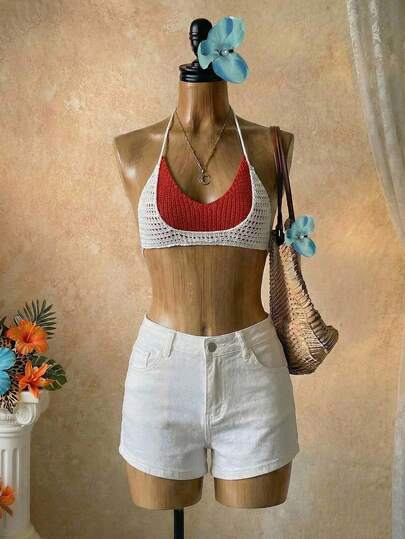 SaltGleam SaltGleam 女士度假撞色二合一露脐吊带针织上衣