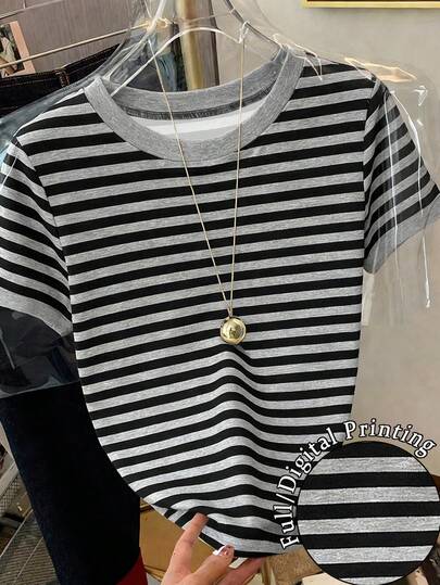 Resyla Women's Casual Commuting Colorblock Striped Print Short Sleeve T-Shirt, Summer