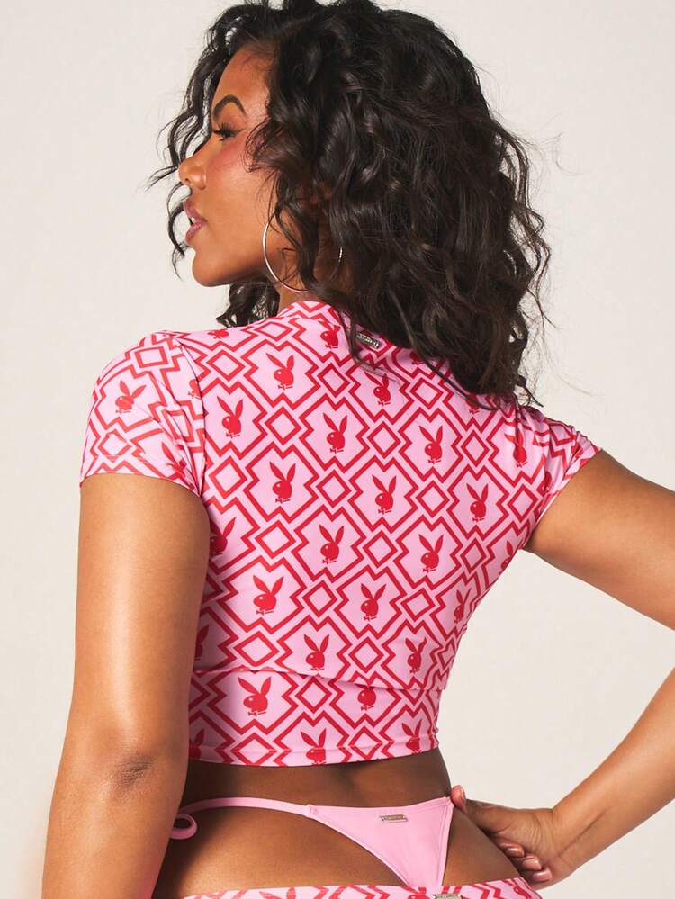 Missguided x Playboy Geometric Print Mesh Baby Tee Cover Up With Short Sleeves And Cropped Fit For Beach And Summer Outfits