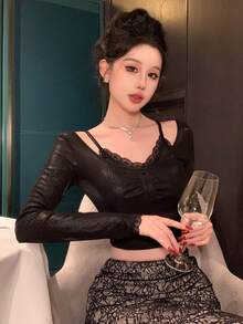 DAZY 春夏无袖亮面缎面蕾丝镂空露脐上衣，黑色，适合情人节、婚礼、派对、正式场合，时尚修身，优雅轻薄，女士长袖上衣 - 黑色 - 查看 8