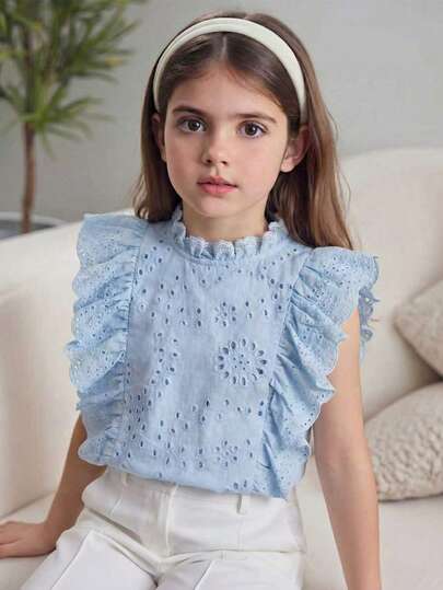 SHEIN Elladie kids 1pc Girls Ruffled Collar & Hem Blue Embroidered Casual Blouse, Elegant Countryside Style For Outings & Work