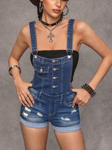 Jeanoix Y2K 时尚做旧水洗休闲百搭牛仔背带短裤 - 深色水洗藍 - 查看 7