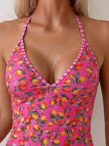 Swim Mod 2pcs/Set Lemon Print Beach Vacation Striped Drawstring Camisole & Bikini Set - Multicolor - View 4