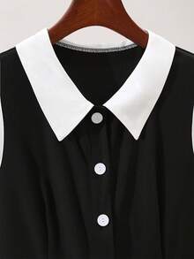 SHEIN Franclia Elegant Minimalist Sleeveless Collared Jumpsuit, Solid Color Contrast, Long Pants For Commuting Summer Outfits Summer Clothes Work Wear Women - Black and White - View 3