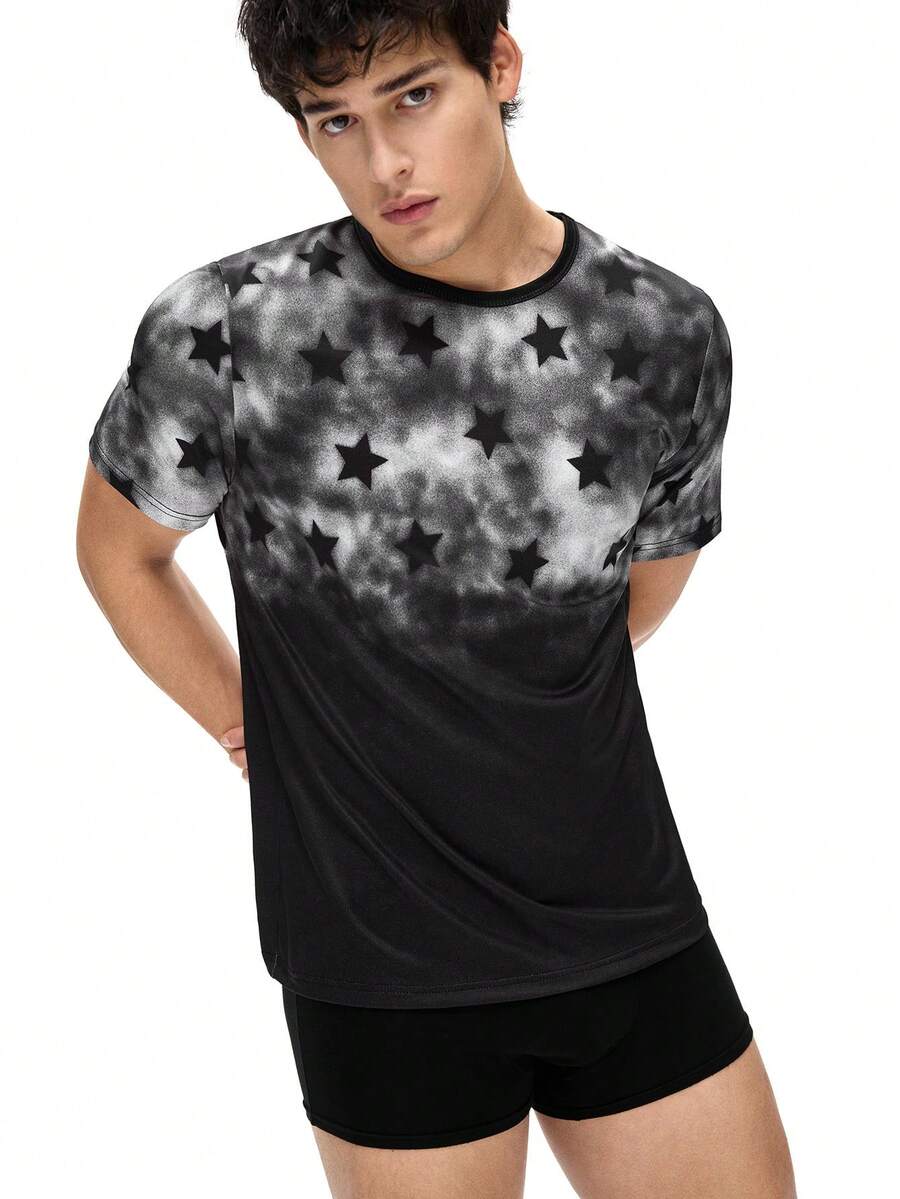 Áo ngủ nam kiểu dáng thường ngày với chữ tiếng Anh in hình họa tiết vằn ngựa. - màu đen - Xem 1