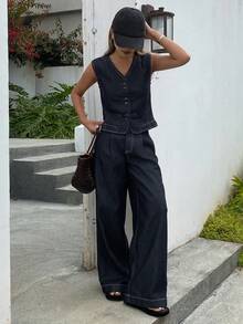 DAZY Women's V-Neck Sleeveless Denim Vest And Loose Wide-Leg Jeans Casual Denim Suit - Dark Wash - View 4