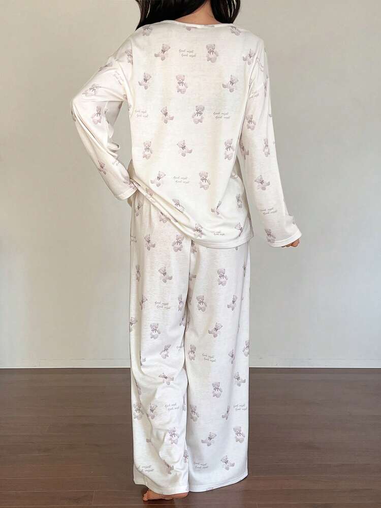 Cute Bear Print Comfortable Knit Women Pajama Set