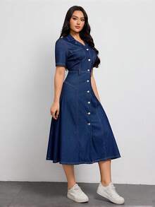 SHEIN Tall Women's Collared Single-Breasted Waist-Cinched Elegant Denim Dress For Dates And Outings - Dark Wash - View 4