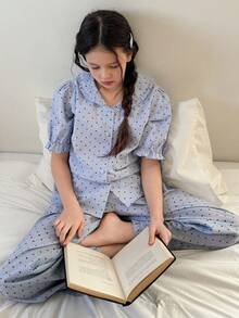 DAZY Conjunto de ropa de estar para niña preadolescente con cuello Peter Pan y manga corta - Azul - Ver 1