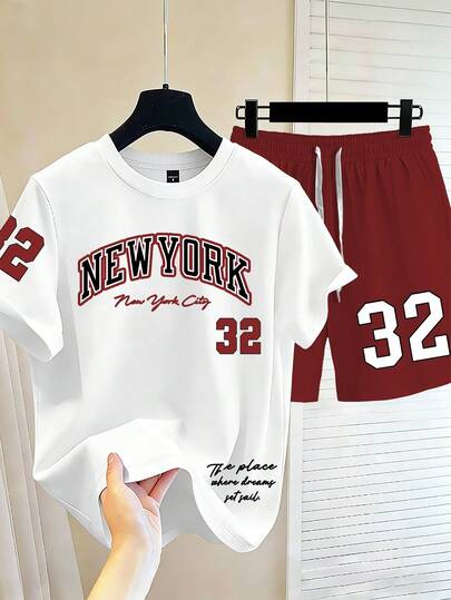 Chillumni Men's 32 Floral Typography New York Letter Print T-Shirt And Shorts Set