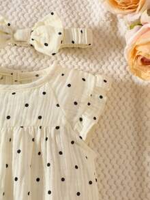 夏季女婴连体衣+发带两件套，新生儿优雅甜美可爱波点印花 - 米色 - 查看 7