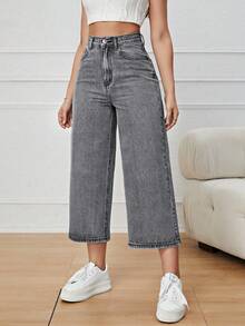 SHEIN EZwear 女士高腰口袋阔腿宽松休闲七分牛仔裤 - 淺灰色 - 查看 3