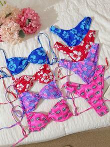 Elavelle 女士性感吊带随机印花扭结比基尼泳装套装，年轻可爱，夏季沙滩装 - 彩色 - 查看 2