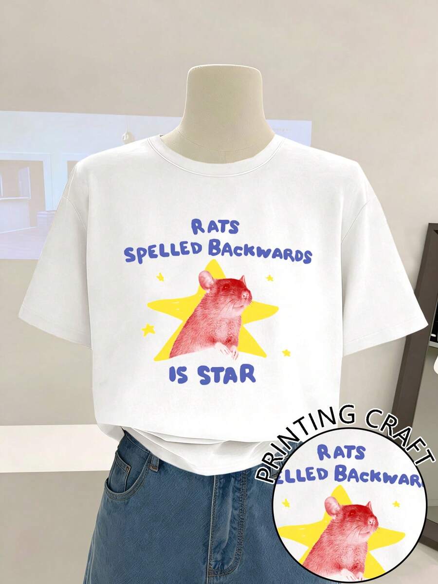 Lalippa 女士休闲仓鼠标语印花圆领落肩T恤，夏季 - 白色 - 查看 1