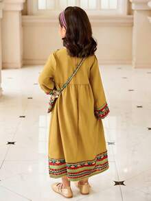 Spring/Summer New Young Girl Retro Print Patchwork Fringe Trim V-Neck Long Sleeve Loose Flare Dress With Crossbody Bag - Yellow - View 2