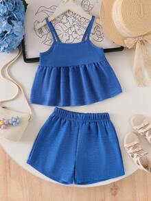 SHEIN Vintaside Kids 女童蓝色吊带背心和短裤套装，轻便舒适的夏季外出服 - 藍色 - 查看 4