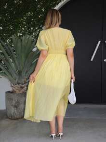 Roveilla Spring/Summer New Gentle Style Yellow Simple Versatile High-End Elegant Cinched Waist Petal Sleeve Dress - Yellow - View 4