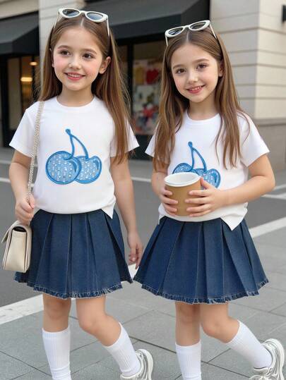Conjunto de camiseta de punto de manga corta con cuello redondo y aplicación de logo de cereza de mezclilla, talla grande falda plisada de mezclilla, de moda para el otoño, para niña
