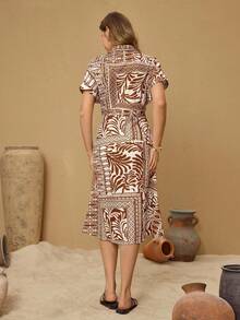 Hansera Women's Loose French All-Over Print Casual Short Sleeve Dress - Brown - View 2