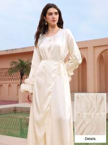 Graceveil Vestido para mujer con cuello redondo, mangas largas con volantes en capas, lazo y bajo asimétrico con acabado satinado - Albaricoque - Ver 7