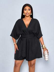 SOLERSUN Women's Elegant Deep V-Neck Cinched Waist Tie Front Batwing Sleeve Ruched Waist Jumpsuits Romper ,Suitable For Vacation And Daily Outfit - Black - View 6