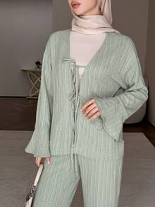 DAZY Women's Casual Textured Tie-Up Flare Sleeve Shirt And Flare Pants 2 Pieces Set, Spring/Summer - Green - View 8