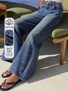 DAZY Quần jeans ống loe nữ cạp thường đính đá, kiểu dáng gợi cảm thường ngày. - Rửa trung bình - Xem 1