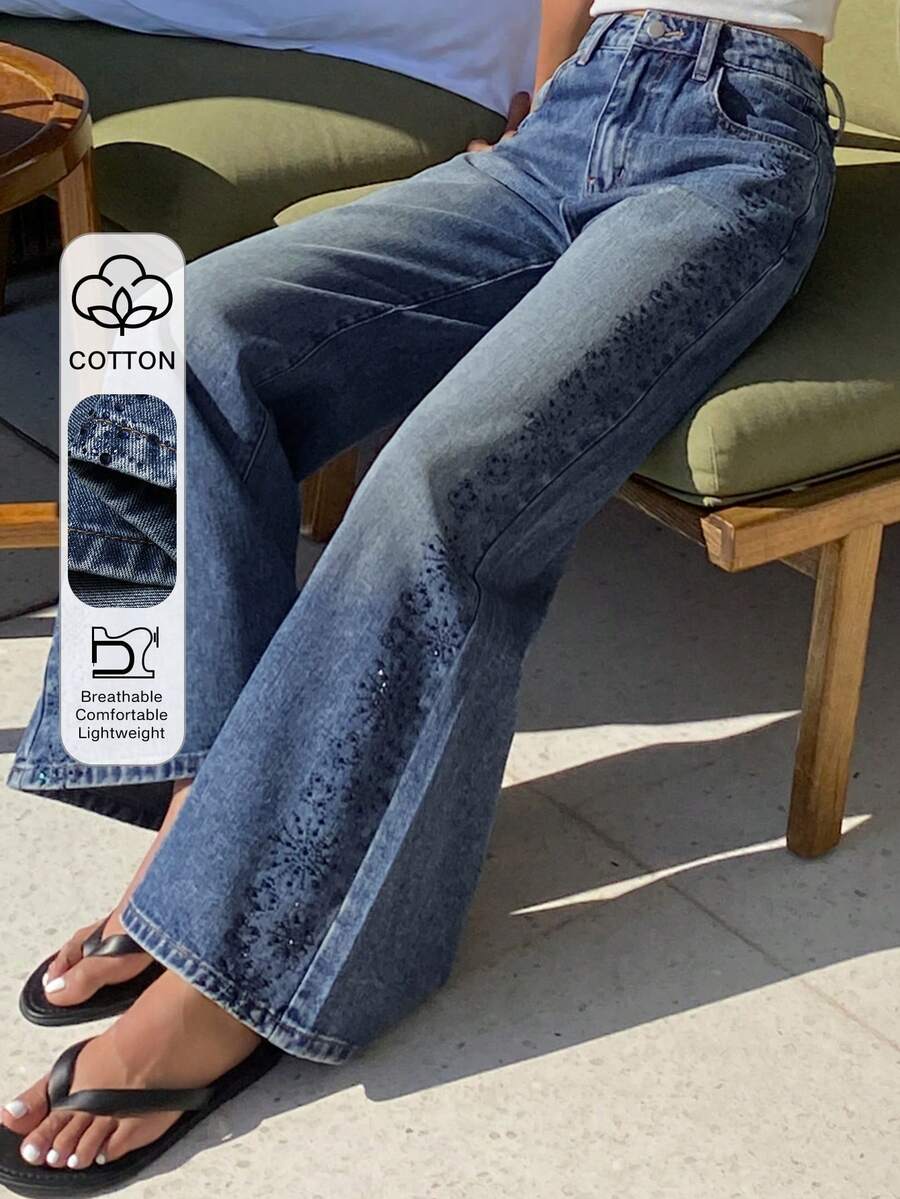 DAZY Quần jeans ống loe nữ cạp thường đính đá, kiểu dáng gợi cảm thường ngày. - Rửa trung bình - Xem 1
