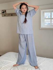 DAZY Conjunto de ropa de estar para niña preadolescente con cuello Peter Pan y manga corta - Azul - Ver 8