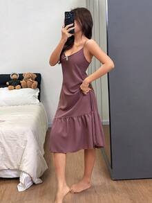 SHEIN Napfluff 女士时尚V领吊带中长连衣裙，无袖荷叶边下摆连衣裙 - 藕粉色 - 查看 5