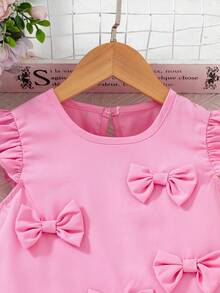 Elladie kids 1件女童夏季新款圆领A字荷叶袖褶裥前摆蝴蝶结后背钥匙孔休闲复古连衣裙，红色 - 粉色 - 查看 6