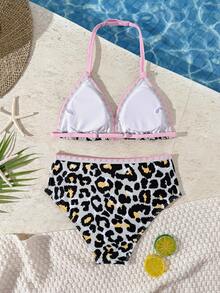Leopard Print Floral Trim Tween Girl 2 Pieces Swimwear Set, Suitable For Vacation, Beach, Swimming Pool, Party - Multicolor - View 5