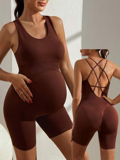 SHEIN 孕妇纯色交叉露背圆领紧身连体裤