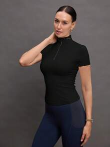 Activina Women's Solid Color Zipper Placket Short Sleeve Equestrian Top Black Mock Neck Top Women Black Short Sleeve Top Black Compression Top Women's Sports Top Women's Equestrian Top  Y3k  Seksi Chic  For Daily Wear Yoga Yoga Studio Tennis  Gym Indoor Outdoor Active - Black - View 6