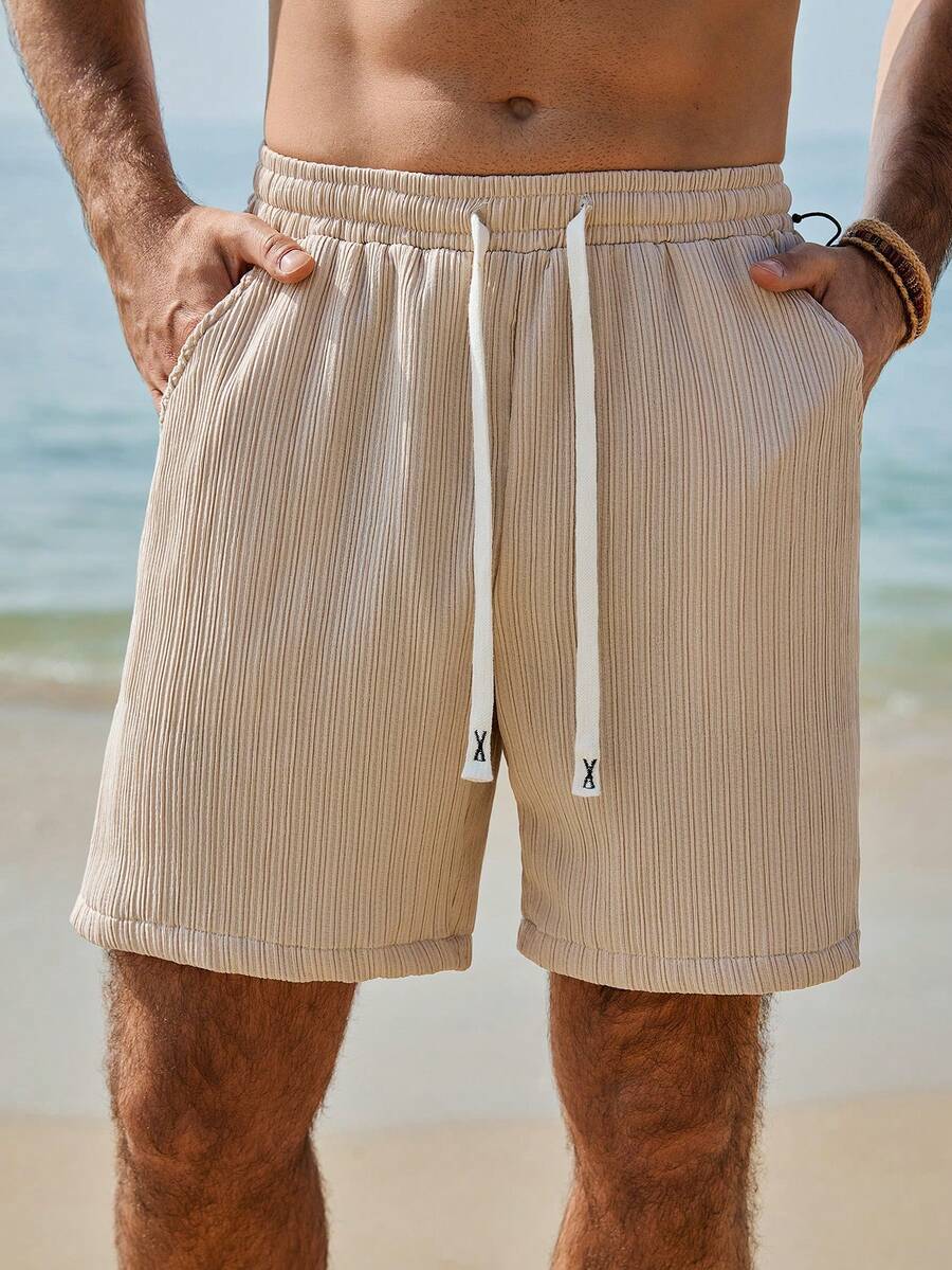 VENTUSAIL Men's Solid Color Minimalist Casual Crinkle Shorts Men Shorts Vacation Beach Clothes For Men White Cream - Beige - View 1