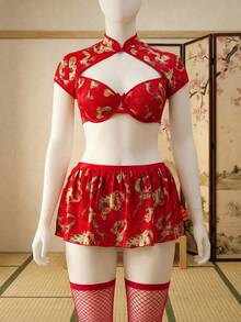Fantasy Costume Fantasy Costume 6件套经典中国风龙纹印花钢圈上衣、A字裙、渔网袜大码内衣套装 - 紅色 - 查看 6